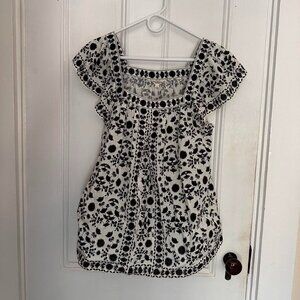 Black and White Embroidered Blouse - Size L NWT